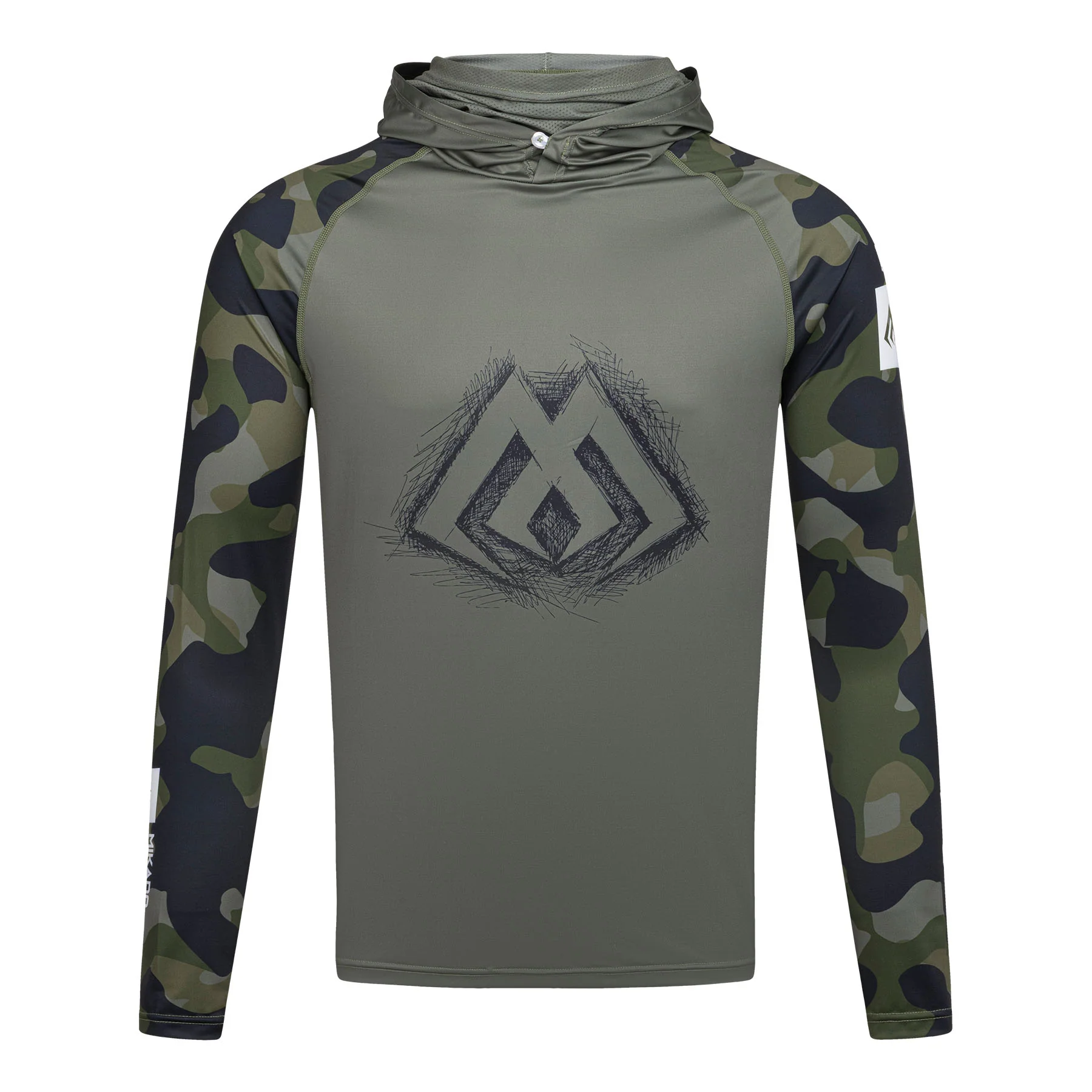 Mikado UPF50+ Green Camo kalastuspaita hupulla